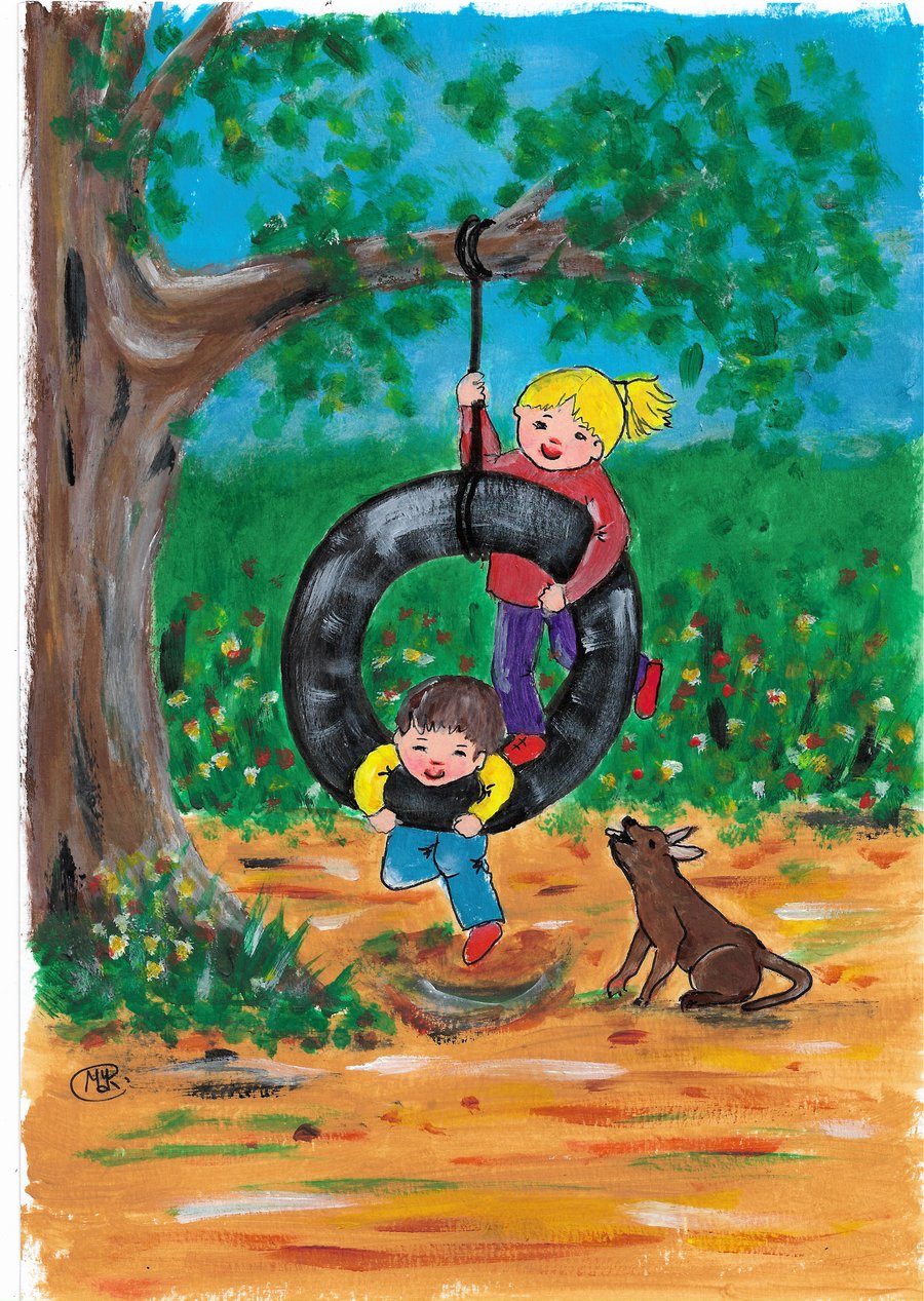 The Tire Swing original painting. Children at play