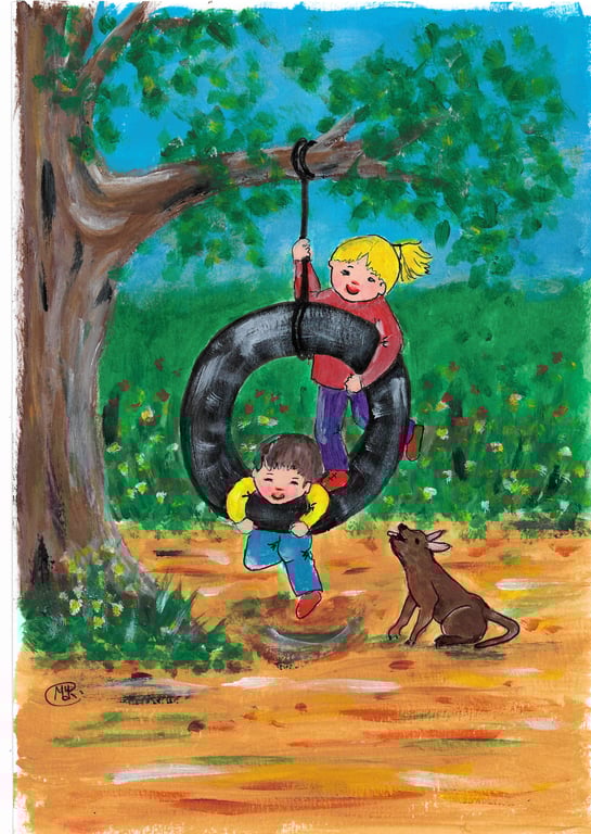 The Tire Swing original painting. Children at play