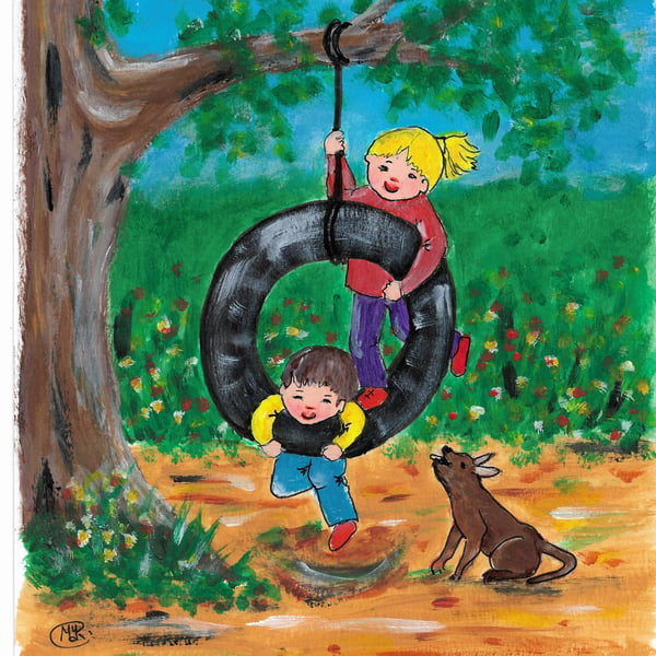 The Tire Swing original painting. Children at play