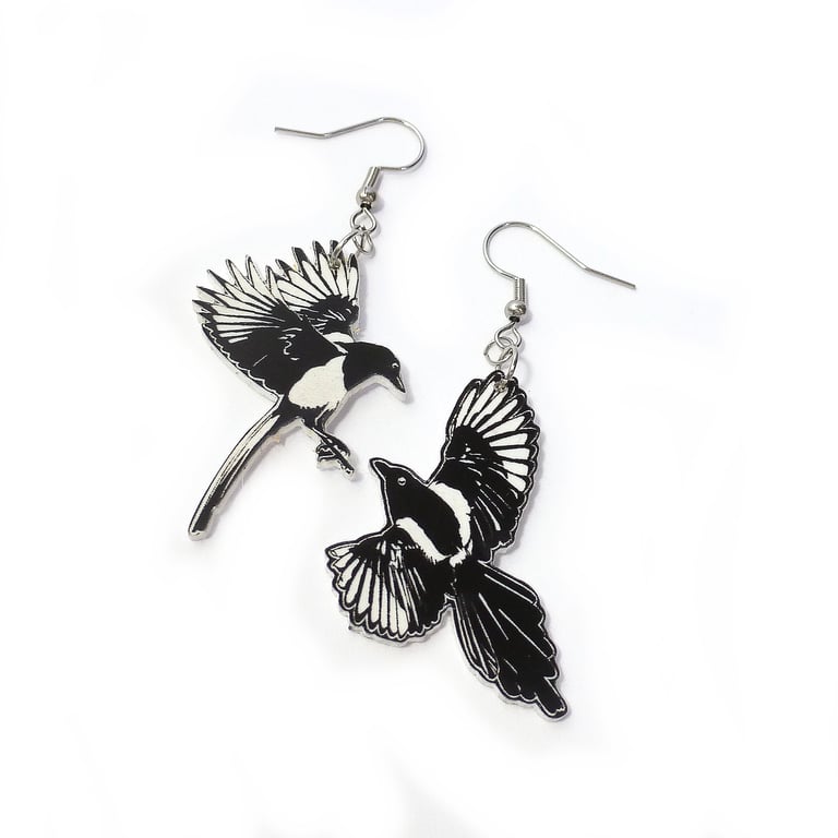 Magpie earrings, mismatched two for joy bird earrings on steel wires