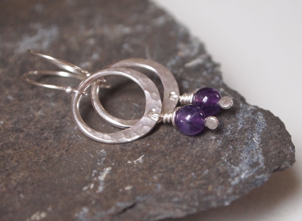 Amethyst Hoop Earrings, Hammered Sterling Silver Hoop Earrings