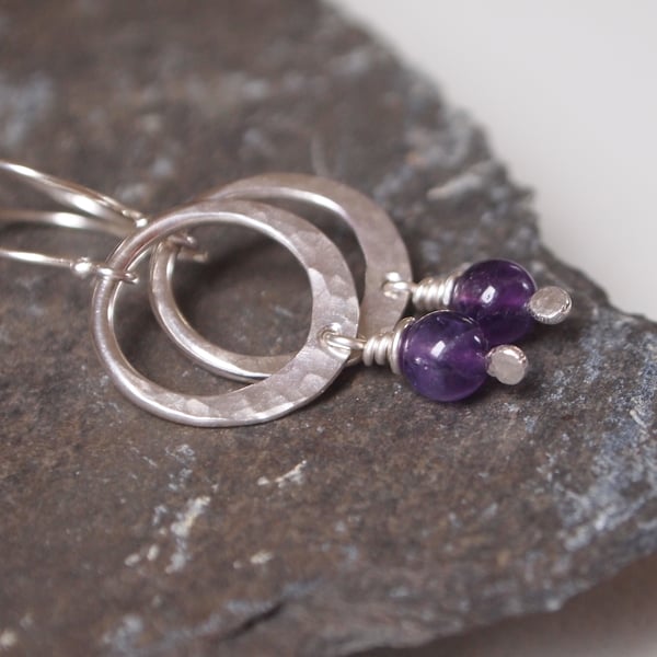 Amethyst Hoop Earrings, Hammered Sterling Silver Hoop Earrings