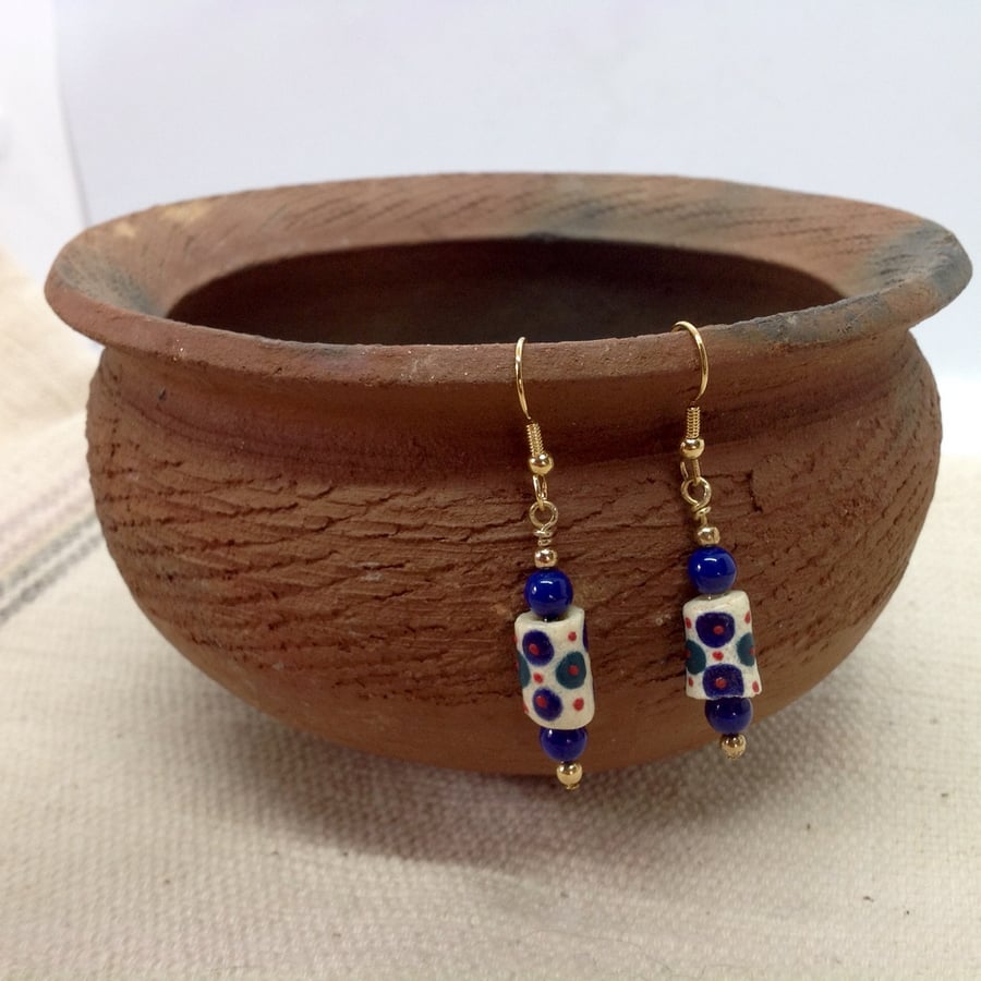 Blue and white earrings with modern African glass trade beads 