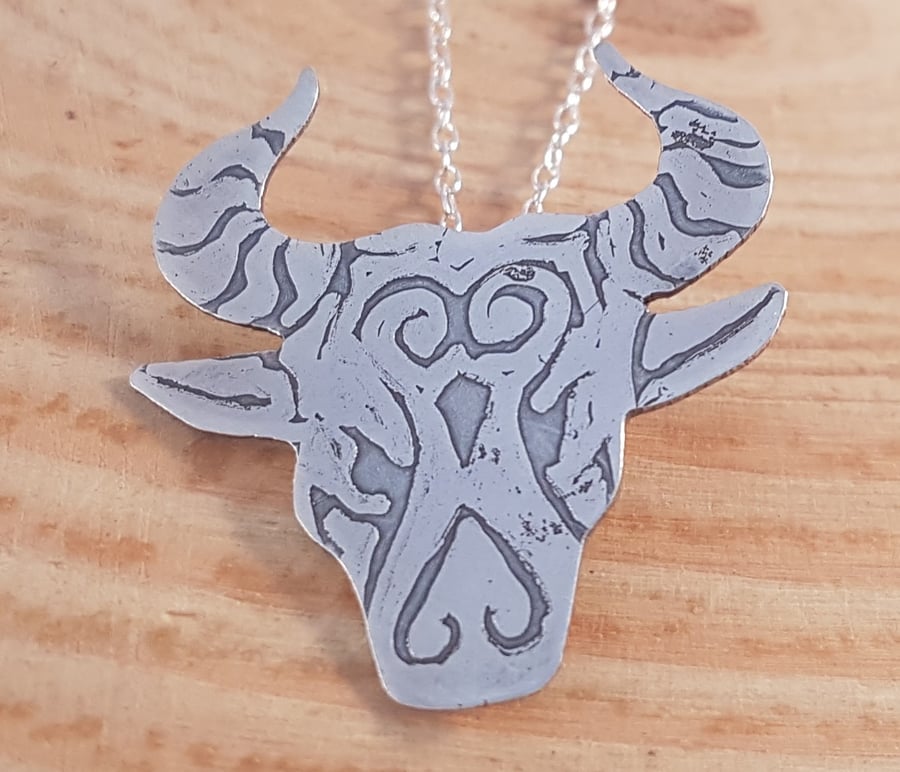 Sterling Silver Etched Minotaur Necklace