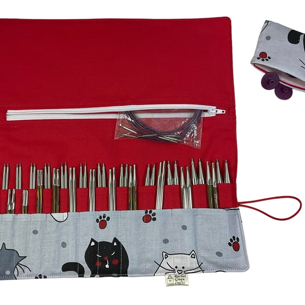 Interchangeable knitting needle case with cats, 2 sets, addi case, chiagoo walle