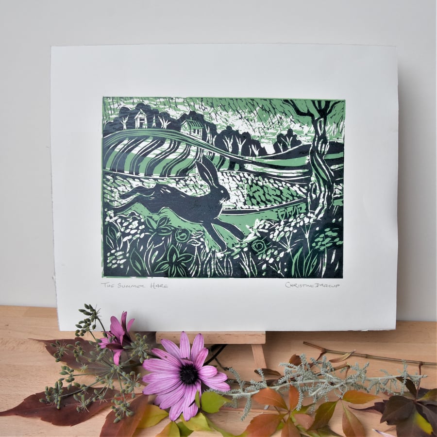 Summer Hare - handmade lino cut print by artist and printmaker Christine Dracup