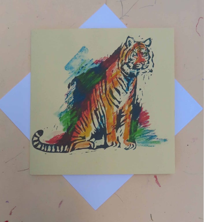 Tiger Art Greeting Card From Original Lino Cut Print Cream