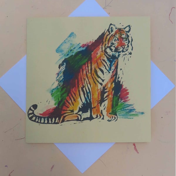 Tiger Art Greeting Card From Original Lino Cut Print Cream