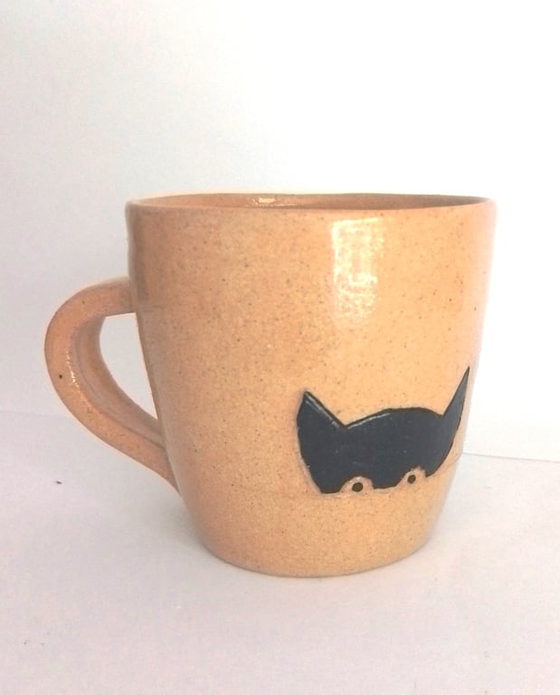 Handmade Pottery Cat Mug, Whimsical Stoneware, Quirky Novelty Gift for cat lover