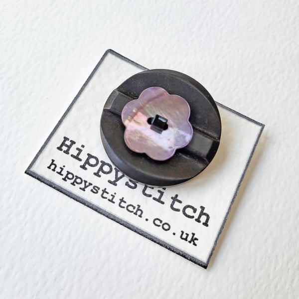 Black & Lilac Mother of Pearl Vintage Button Brooch 