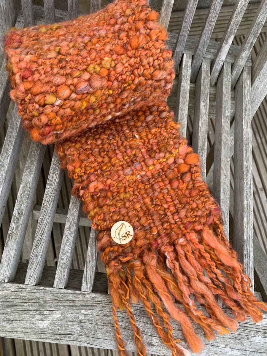 Pumpkin Spice orange hand woven art yarn scarf