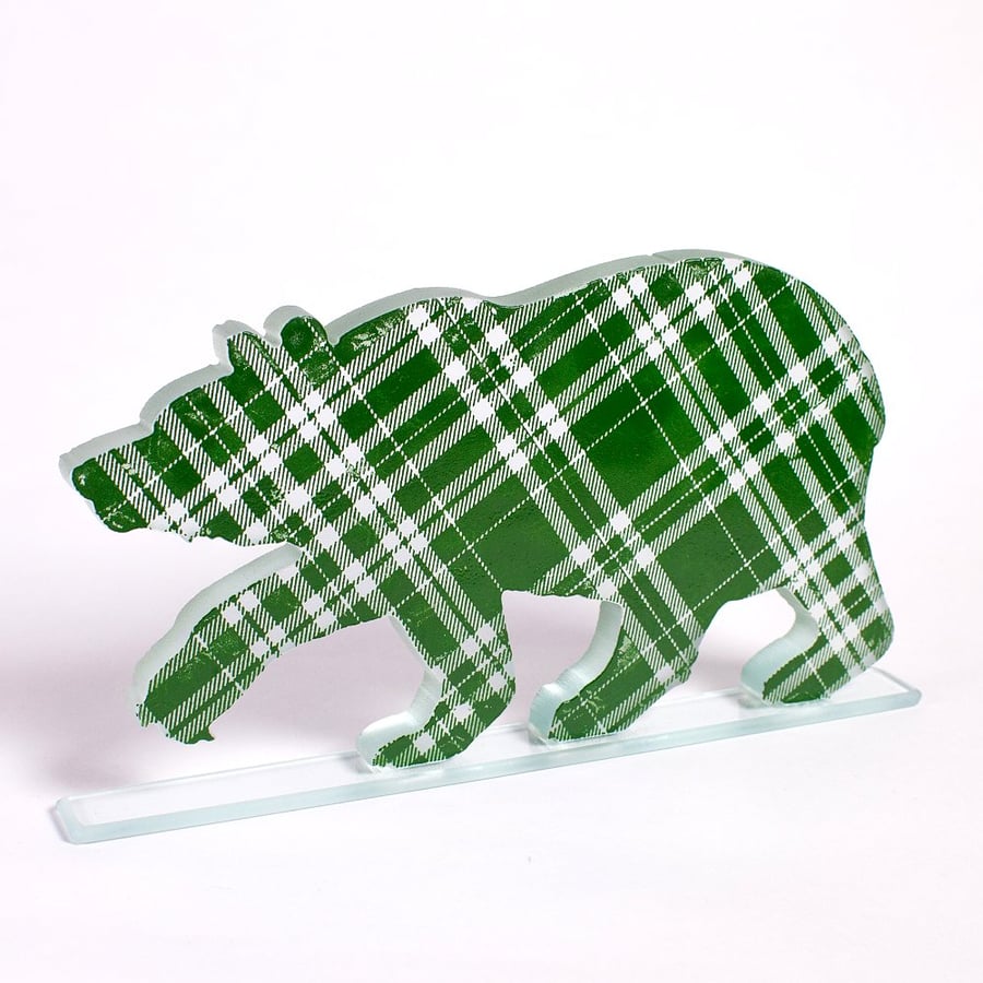 Glass Bear Sculpture with Tartan Print