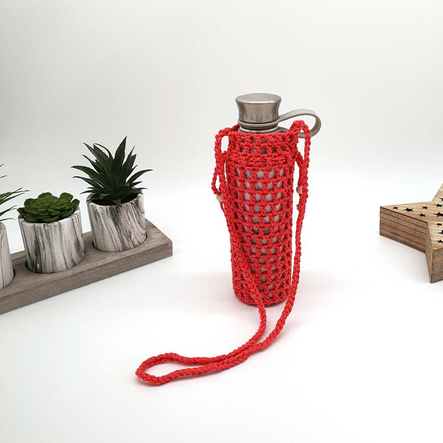 Crochet Cotton Water Bottle Holder, Bottle Carrier Pink, brown, beige, red