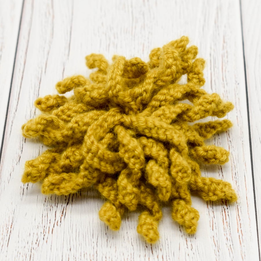 Hand knitted chrysanthemum brooch pin - ochre yellow