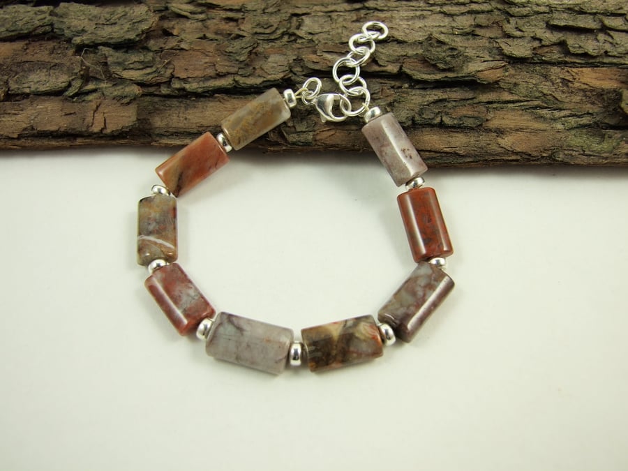 Bracelet with Crazy Agate and Sterling Silver, Orange Red and Earth Tones