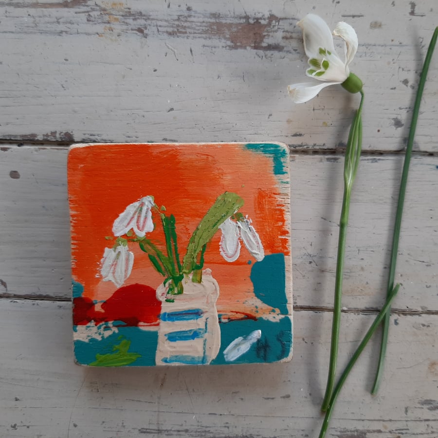Miniature snowdrop painting on reclaimed wood