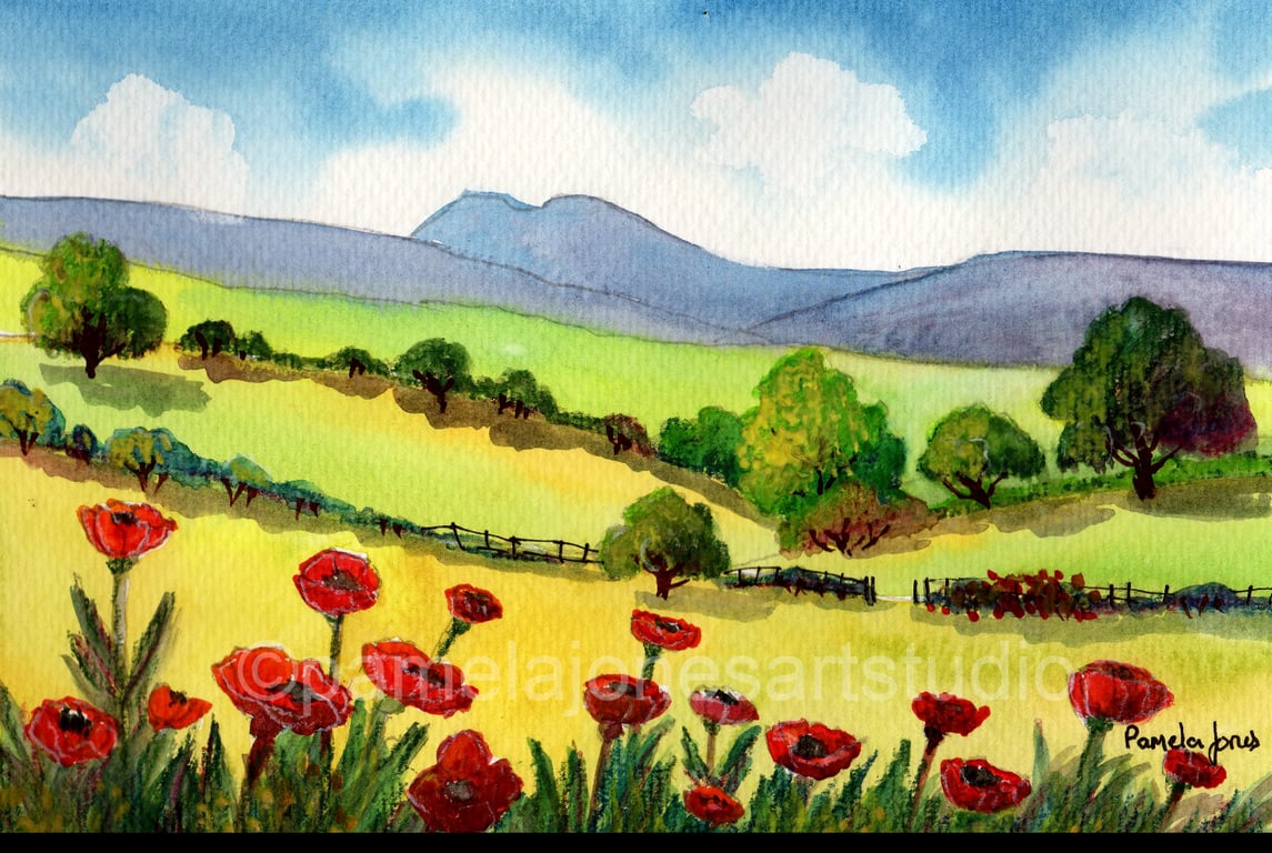 Original Watercolour, Poppies, In The Brecon Beacons, Wales, in 14 x 11 '' Mount