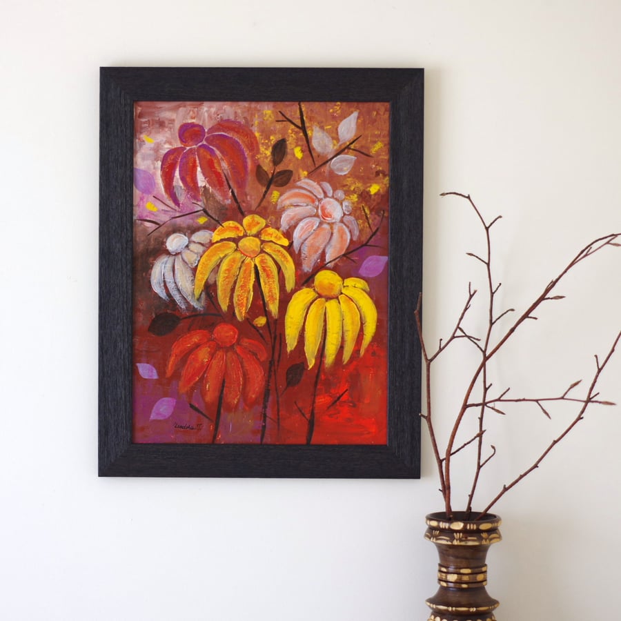 Autumn Flowers Painting, Mixed Media Artwork, Framed Painting