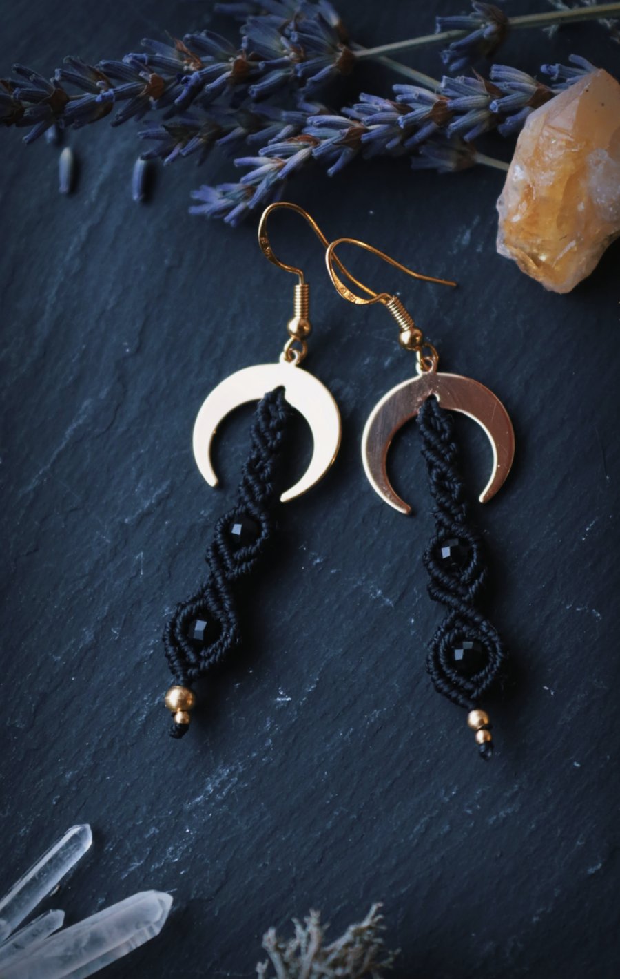 Macrame earrings with moon and Tourmaline hippie, spiritual 