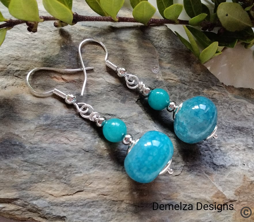 14mm Rondelle Agate & Quartzite Earrings Silver Plated