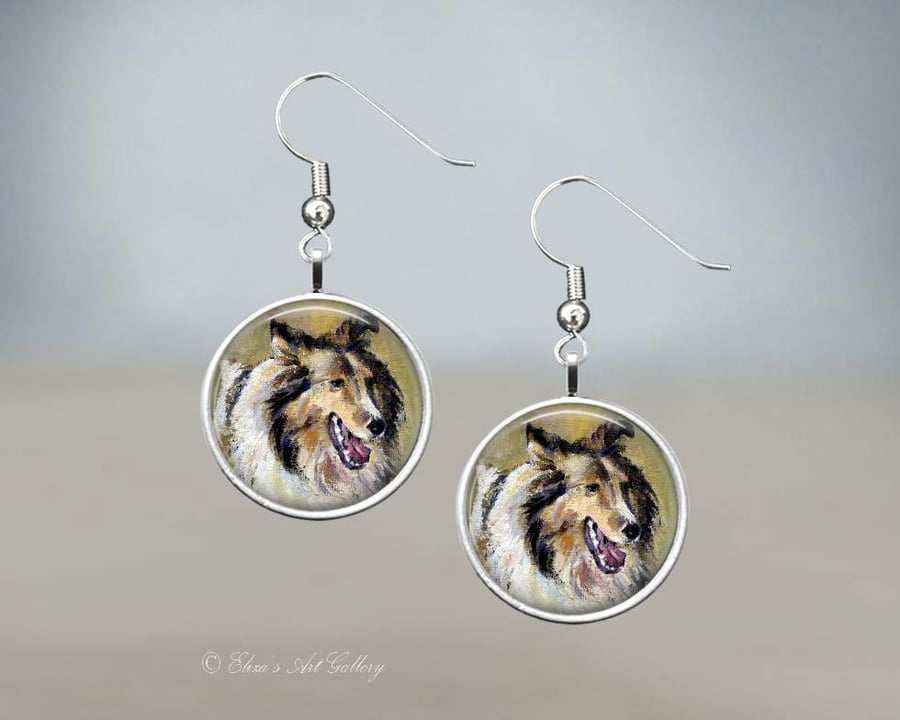 Silver Plated Sheltie Shetland Sheepdog Art Earrings