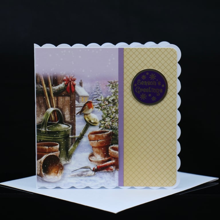 Robin on Watering Can Christmas Card