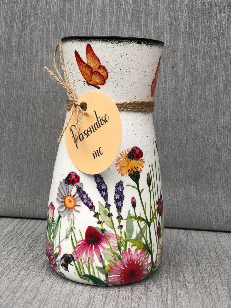 Summer Wildflowers - Butterflies - Decoupage Vase - Mothers Day , Gift Birthday
