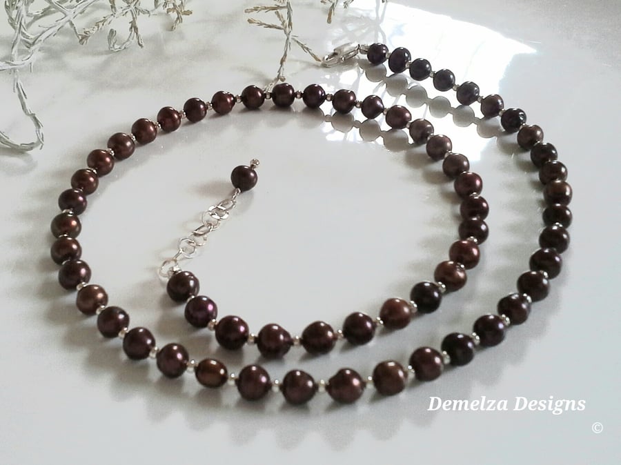 Top Grade Chocolate Brown 6mm Cultured Pearl Sterling Silver Necklace