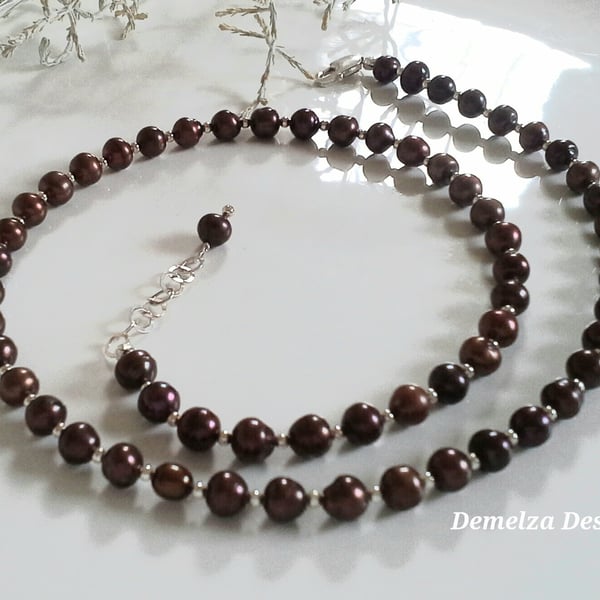 Top Grade Chocolate Brown 6mm Cultured Pearl Sterling Silver Necklace