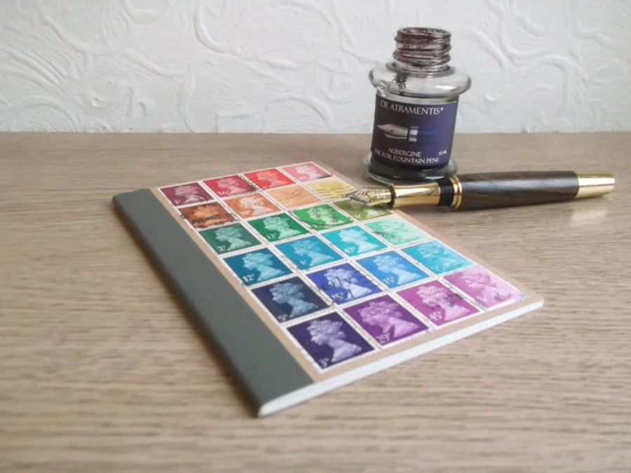 Recycled Rainbow - Upcycled Machin postage stamp notebook, custom-made, mail art