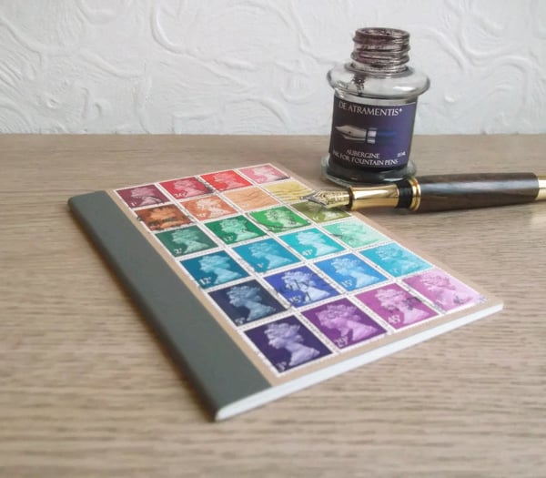 Recycled Rainbow - Upcycled Machin postage stamp notebook, custom-made, mail art