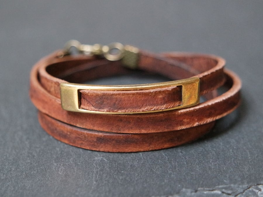 Leather wrap bracelet - rectangular brown bronze