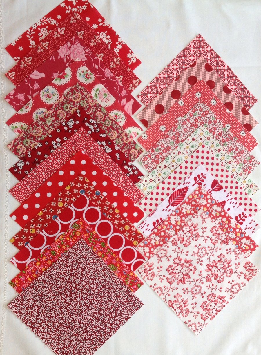 Red charm squares for Patchwork, 20 x 5".
