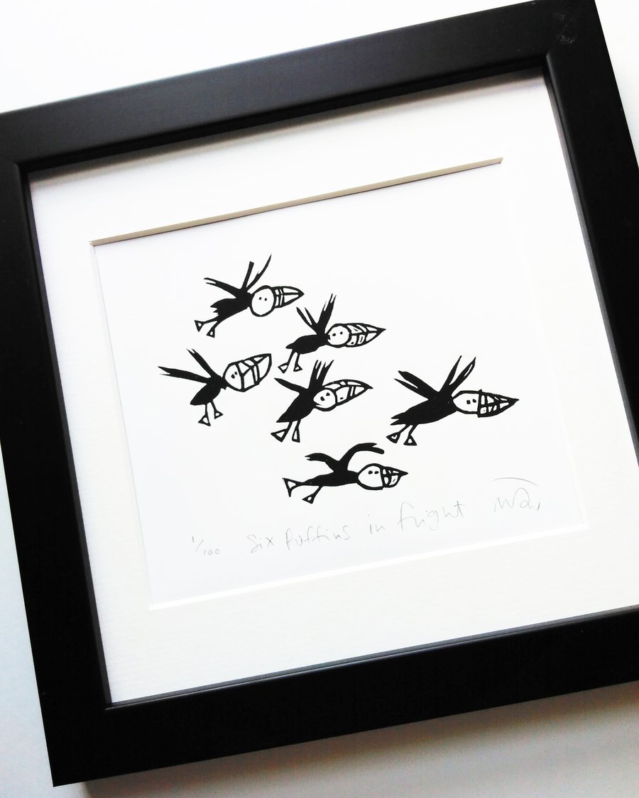 Six Puffins in Flight - lino cut print