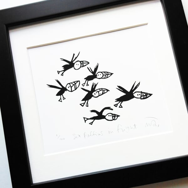 Six Puffins in Flight - lino cut print