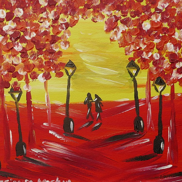 Romantic stroll in a Sunset Woodlands acrylic painting on canvas 10" x 12"