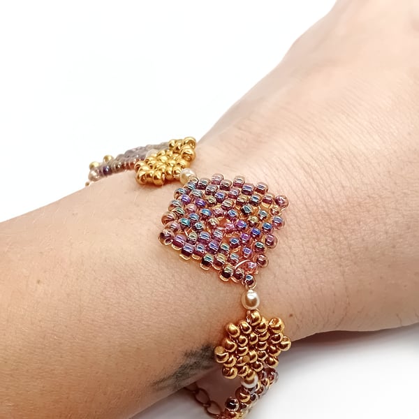Gold and rainbow beaded granny squares bracelet