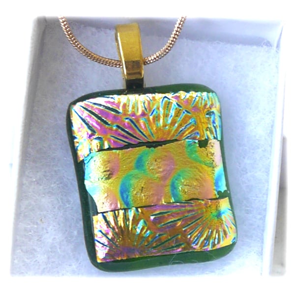 Dichroic Glass Pendant 173 Green Florentine Handmade with gold plated chain