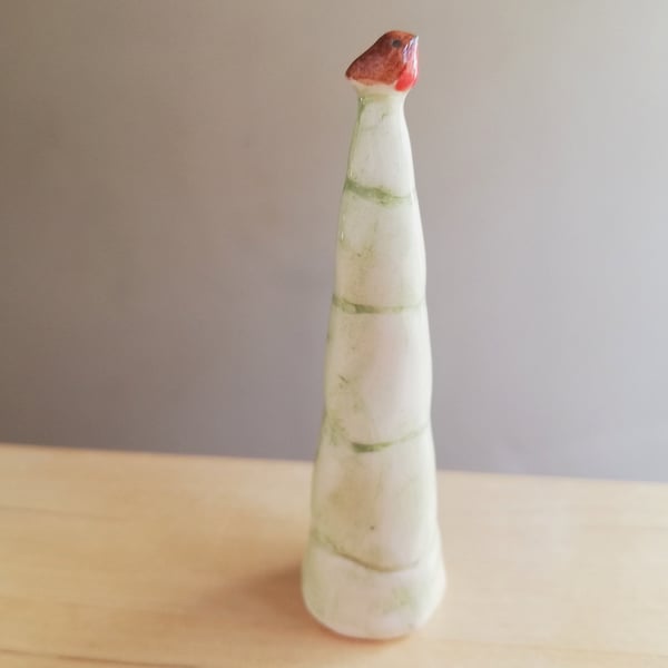 Little pottery Christmas tree with robin bird, ceramic ornament cake topper. 