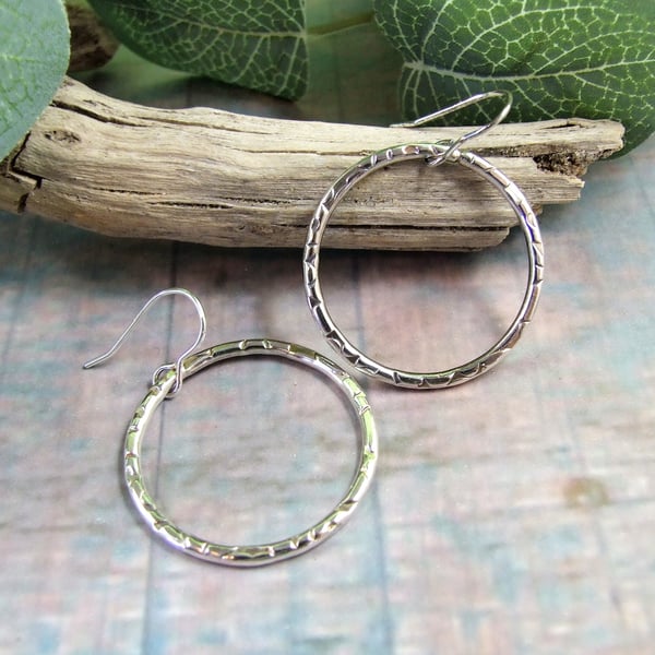 Earrings, Sterling Silver Patterned Hoops with Oxidised Finish