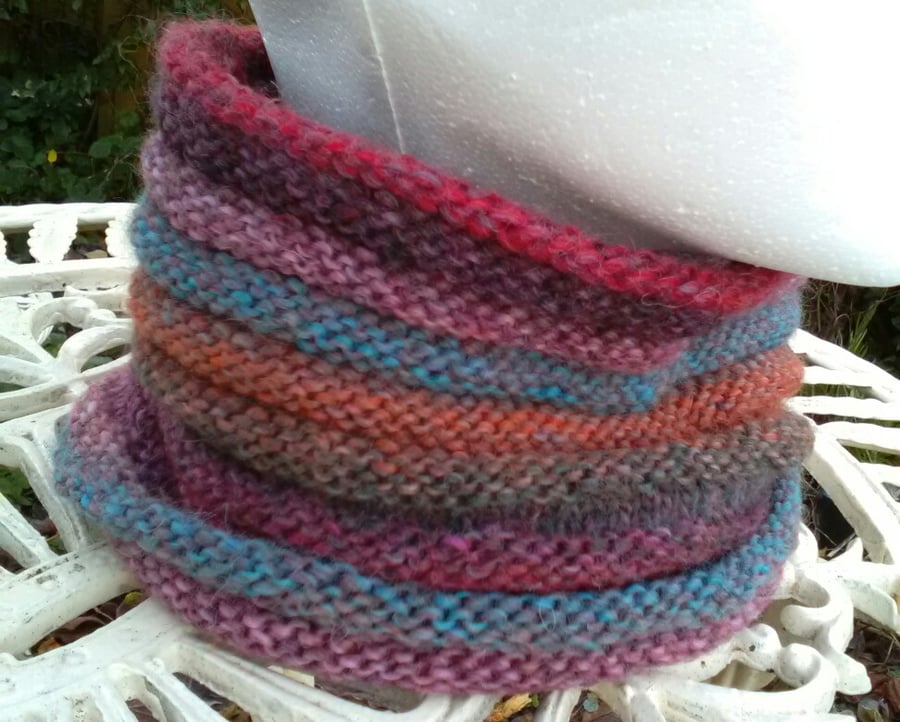 Handknit Wool BlendTextured Circular Cowl in warm colours