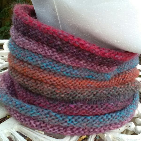 Handknit Wool BlendTextured Circular Cowl in warm colours