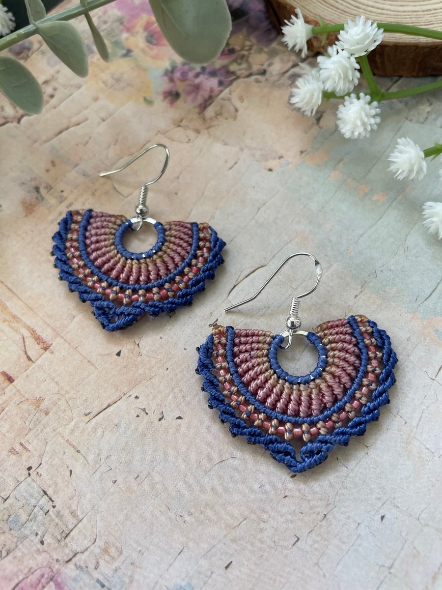Boho beaded micro macrame fan shape dangle earrings, bohemian accessories 