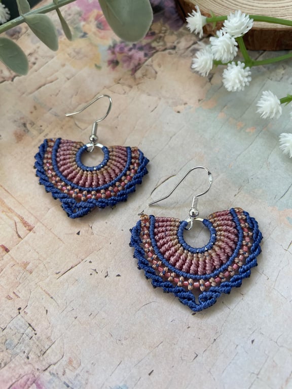 Boho beaded micro macrame fan shape dangle earrings, bohemian accessories 