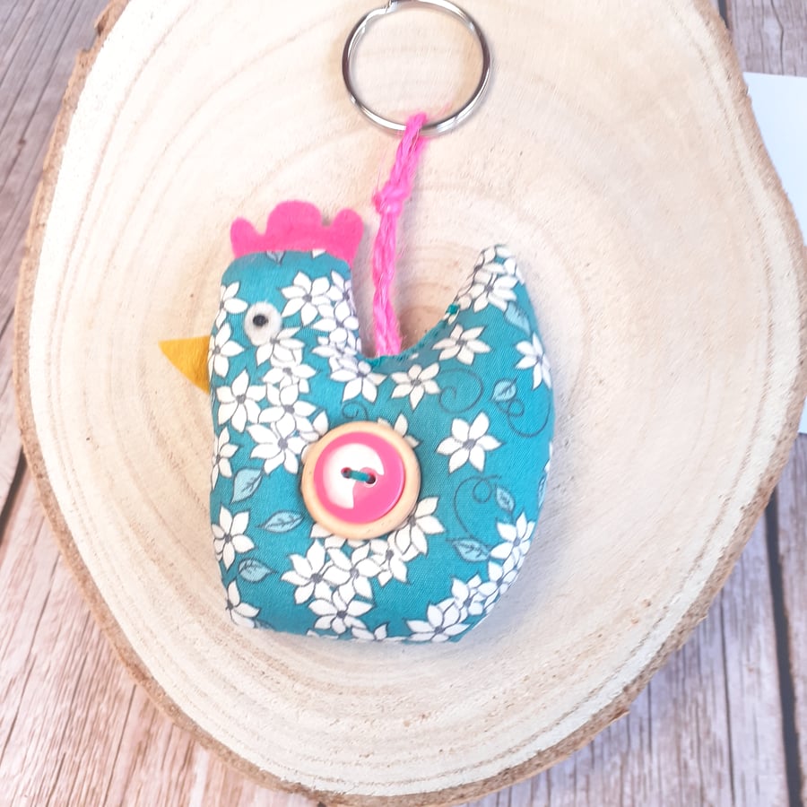 Teal with White Flowers Chicken Key Ring 