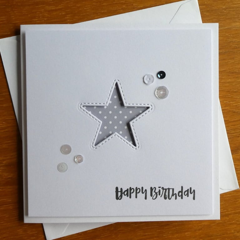 Happy Birthday Card - Dark Grey and White Polka Dot Star Aperture