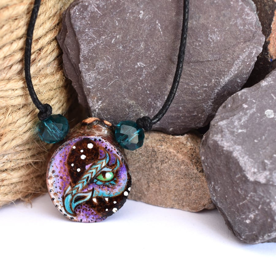 Teal rainbow dragon pyrography pendant, rustic branch slice necklace. 