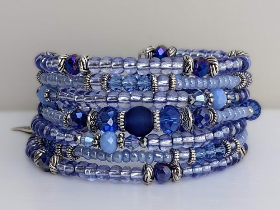 Blue and Silver Beaded Memory Wire Bracelet,  Stacked Cuff Bangle