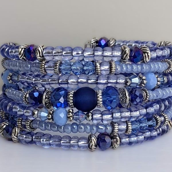 Blue and Silver Beaded Memory Wire Bracelet,  Stacked Cuff Bangle