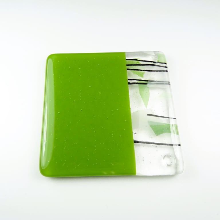 Green collage fused glass coaster, 9cm, 6mm thick, handcrafted (0142)